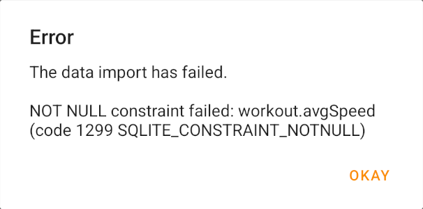 The data import has failed. NOT NULL constraint failed: workout.avgSpeed (code 1299 SQLITE_CONSTRAINT_NOTNULL)