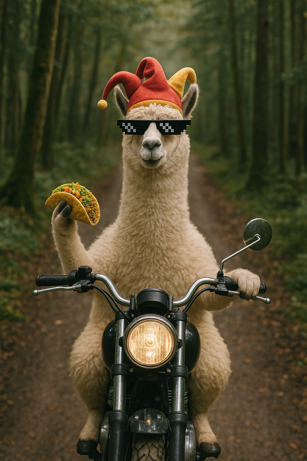 Llama riding a motorcycle eating a taco